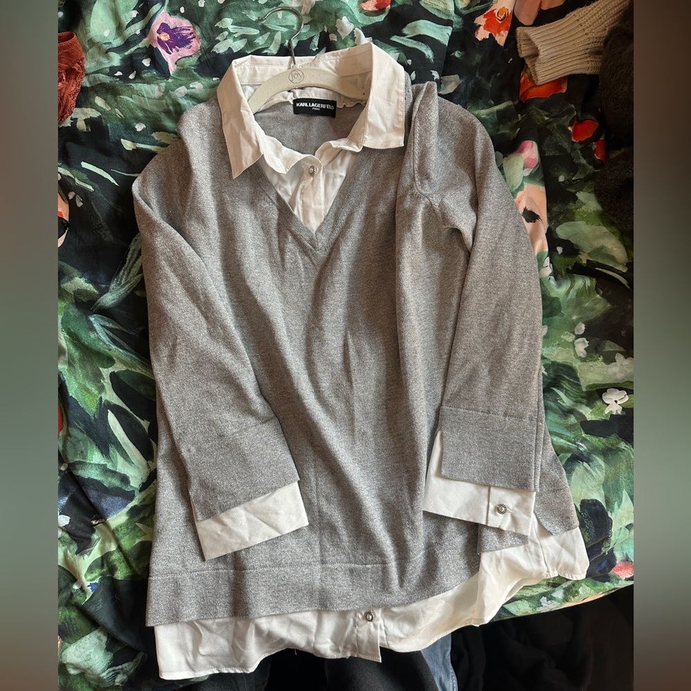 Karl Lagerfeld Gray Sweater with White Collar Blouse